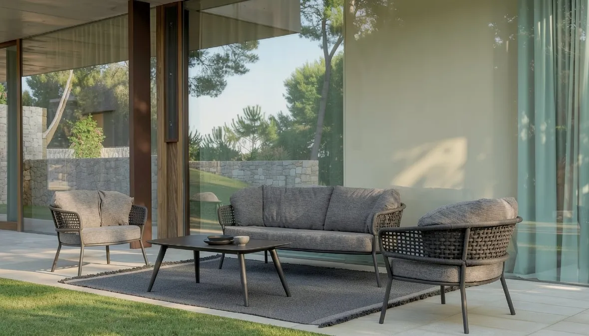 Perché il rattan sintetico teme il freddo meno di quello naturale (foto Salotto rattan Talenti Moon Alu Arredo per esterno)